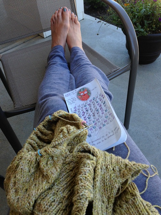 knitting on a porch