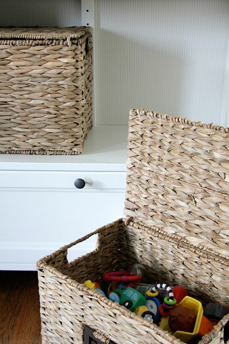 toy storage baskets in living room